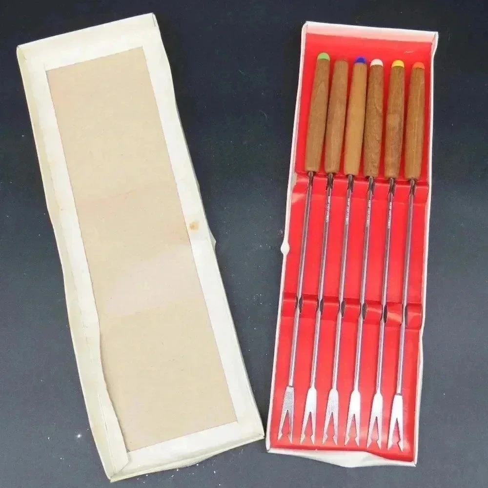 6 Fondue BBQ Kabob Skewers Forks 10" Color Coded Stainless Wood Handles Vintage